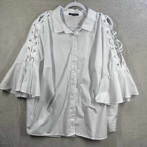 Roaman's White Button Front Blouse Plus Size 26W Bell Sleeve Lace Up Details
